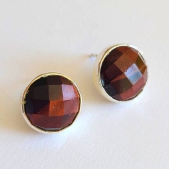 Vintage Silver Tiger's Eye Circle Chunky Bezel Faceted Cabochon Stud Earrings - Picture 1 of 4